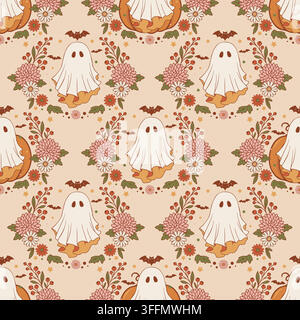 Autumn ghost floral seamless pattern. Stock Vector