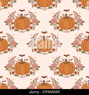 Autumn pumpkin floral seamless pattern. Stock Vector