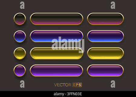 Collection of vibrant gradient buttons and capsules with shiny golden frames, ideal for modern UI design. Vector illustration. Stock Vector