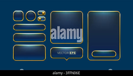 Luxurious Dark Blue UI Elements Set with Golden Frames, Buttons, and Toggles for Web and App Design. Vector illustration Stock Vector