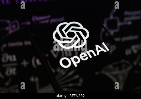 Paris, France - September 9, 2026 : OpenAI logo shown alongside complex mathematical formulas and equations. Stock Photo