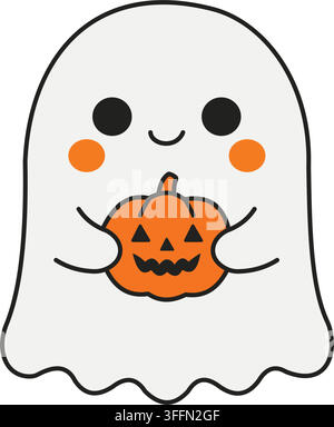 Cute cartoon ghost holding a small jack o lantern isolated on transparent background Stock Vector