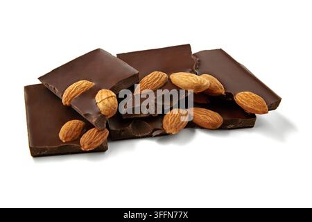 Broken Dark Chocolate Bars with Whole Almonds on White Stock Photo