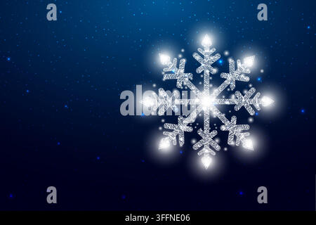 Snowflake, wireframe low poly style design. Merry Christmas and New Year concept. Wireframe glowing low poly design on a blue background. Abstract Stock Vector