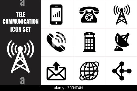 A collection of black and white telecommunication icons isolated on transparent background Stock Vector