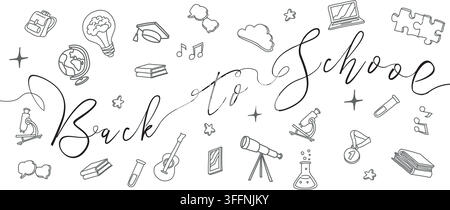 Educational horizontal banner with hand drawn school doodles and bold Back to School lettering. Vector graphic background Stock Vector