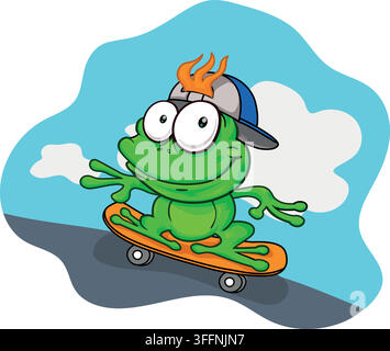 Funny Cartoon Frog on a Skateboard Character Design Stock Vector