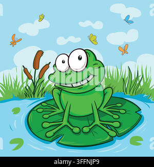 Adorable cartoon frog character sitting on water lilly leaf. vector illustration Stock Vector