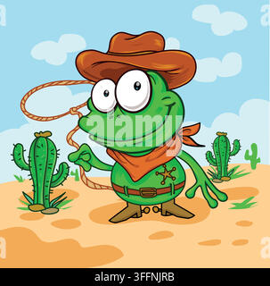 Cute Cartoon Frog Cowboy in a Western Town Vector Illustration Stock Vector