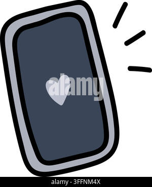 Simple dark smartphone with a heart detail, drawn in a playful hand drawn style with soft pastel colors and bold outlines. Stock Vector