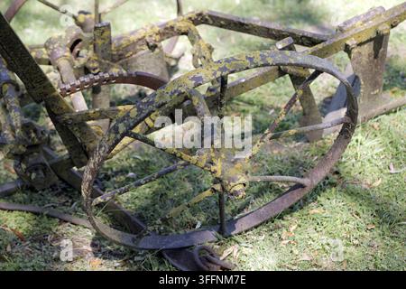 Vintage metal plough showing significant rust and yellow lichen growth, representing decay, abandonment, and the passage of time on old farm equipment Stock Photo