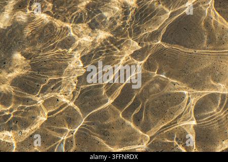 Abstract golden sunlight patterns created by refraction and ripples in transparent shallow water over a sandy bottom. Natural aquatic texture suitable Stock Photo