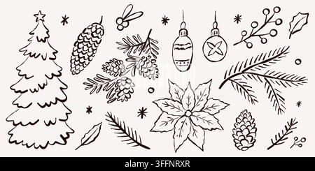 Hand drawn Christmas collection with a Christmas tree, pine cones, evergreen branches, ornaments, poinsettia, berries, holly and festive decorative ac Stock Vector