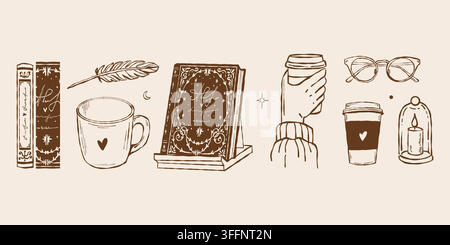 Vintage outline collection themed around books, coffee, libraries, coffee shops, and reading. Retro set of sketch-style reading illustrations, isolated on beige. Vector illustration Stock Vector