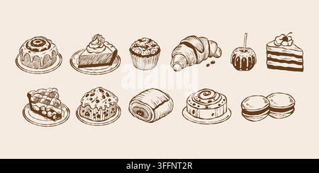 A set of isolated vector sweets and baked goods. Hand-drawn vintage sketches of cookies, buns, pies, cakes, and pastries.  Stock Vector