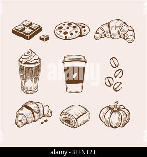 A set of hand-drawn doodle illustrations themed around baking and coffee. Sketches of croissants, cookies, chocolate, cappuccino, and latte for cafe menu design. Vintage vector clipart.  Stock Vector