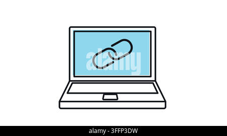 Laptop computer with chain link URL symbol on screen vector icon. Black line art with color offset fill style on white background. Stock Vector