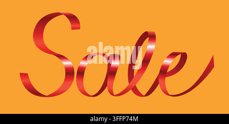 Sale text in red ribbon on orange background. Luxurious trendy pink lettering word perfect for logo, title or header, gift card, banner. Stock Vector
