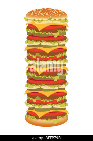 Giant cheeseburger vector illustration in retro style. Fast food flat cartoon icon isolated on white. Stock Vector