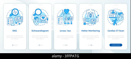 Common cardiovascular tests monochrome blue onboarding mobile app screen Stock Vector