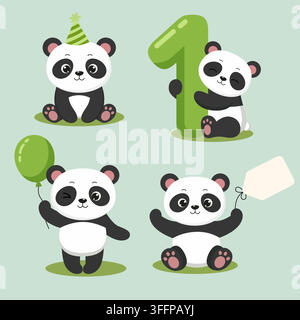 Panda set for Birthday invitations. Birthday greeting card illustration Stock Vector
