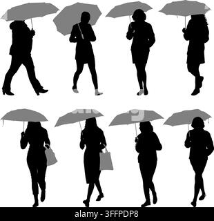 Collection of black silhouettes of women with umbrellas in autumn isolated on a white background. Stylish female poses for seasonal and weather themed Stock Vector