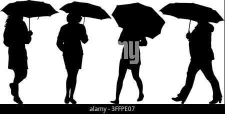 Collection of black silhouettes of women with umbrellas in autumn isolated on a white background. Stylish female poses for seasonal and weather themed Stock Vector