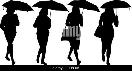 Collection of black silhouettes of women with umbrellas in autumn isolated on a white background. Stylish female poses for seasonal and weather themed Stock Vector