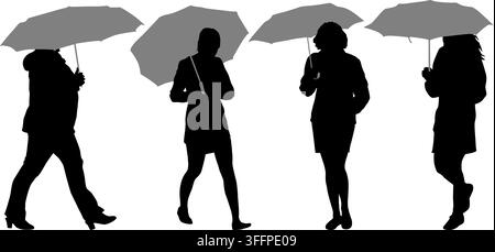 Collection of black silhouettes of women with umbrellas in autumn isolated on a white background. Stylish female poses for seasonal and weather themed Stock Vector