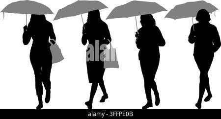 Collection of black silhouettes of women with umbrellas in autumn isolated on a white background. Stylish female poses for seasonal and weather themed Stock Vector