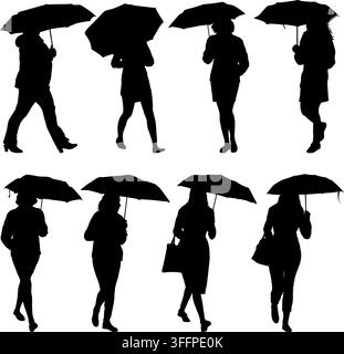 Collection of black silhouettes of women with umbrellas in autumn isolated on a white background. Stylish female poses for seasonal and weather themed Stock Vector