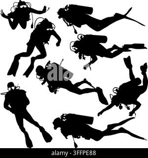 Collection of black silhouettes of scuba divers in different underwater poses wearing wetsuits, diving masks, air tanks and fins isolated on a white b Stock Vector
