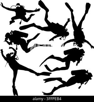 Collection of black silhouettes of scuba divers in different underwater poses wearing wetsuits, diving masks, air tanks and fins isolated on a white b Stock Vector