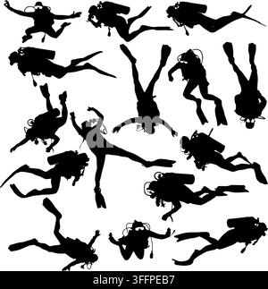 Collection of black silhouettes of scuba divers in different underwater poses wearing wetsuits, diving masks, air tanks and fins isolated on a white b Stock Vector