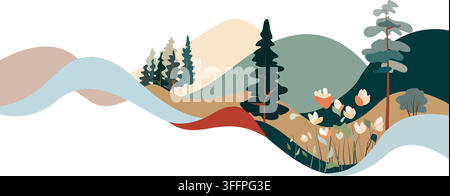 Abstract nature landscape with hills and pine trees in Scandinavian style. Stock Vector