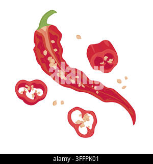 Red chilli pepper half with seeds and sliced pieces Stock Vector