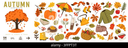 Autumn illustration set with pumpkin, fox and cozy season objects like teapot, sweater and hedgehog. Fifty four hand drawn elements in warm orange Stock Vector