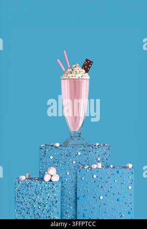 Playful strawberry milkshake topped with whipped cream, colorful sprinkles and chocolate wafer, presented in a tall glass on vibrant blue sprinkle-cov Stock Photo