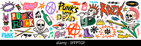 Punk rock music sticker set with guitar, skull, microphone and graffiti doodle symbols in colorful funky scribble style. Punk rock graphics for Stock Vector