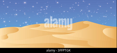 Desert landscape with golden sand dunes under a starry blue night sky, minimalist vector background. Stock Vector