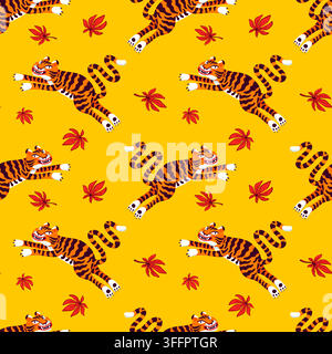 Asian seamless pattern with jumping tigers on yellow background. Drag to swatches panel to use Stock Vector