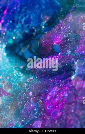 Abstract macro background of translucent hexagonal crystals and shimmering particles illuminated by vibrant neon blue, cyan, and purple light, creatin Stock Photo