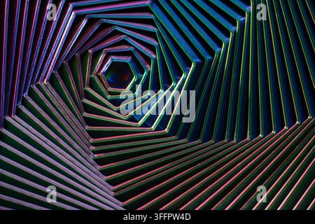 Abstract neon geometric spiral tunnel with layered angular lines in vivid cyan, magenta, green, and purple, creating a futuristic optical illusion on Stock Photo