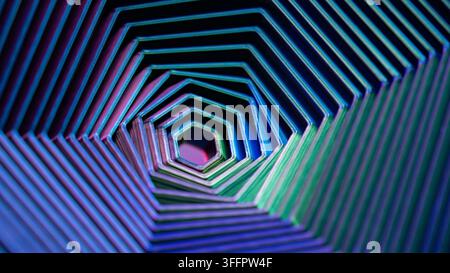 Abstract neon-lit hexagonal tunnel creates a vivid geometric perspective with layered blue, purple and green lines, evoking depth, motion and futurist Stock Photo