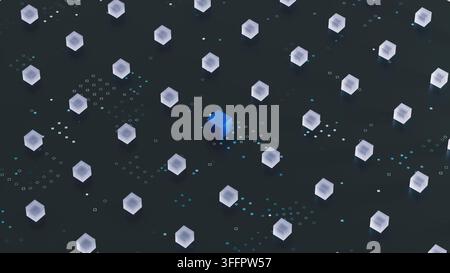 Wide abstract technology network of glowing cubes and scattered data symbols, with one blue node creating contrast and focus. Stock Photo