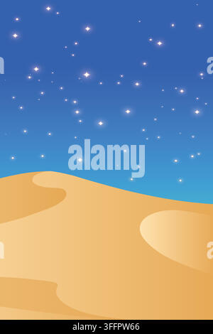 Desert landscape with golden sand dunes under a starry blue night sky, minimalist vector background. Stock Vector