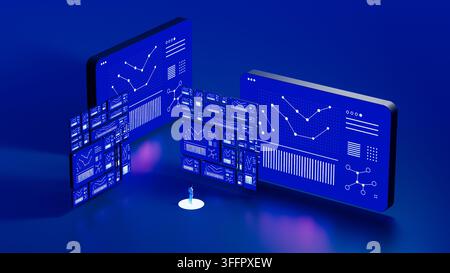 Lone man surrounded by floating blue dashboards displaying charts, graphs and connected data in a futuristic digital environment. Stock Photo
