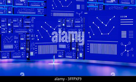 Centered man standing before an immersive wall of blue screens showing line charts, bar graphs and analytical data. Stock Photo