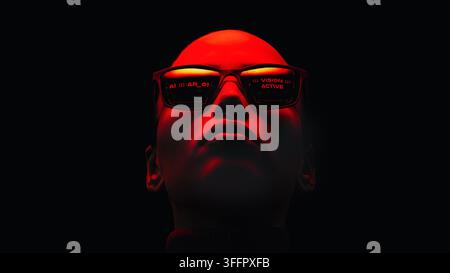 Low-angle front portrait of a person wearing futuristic smart glasses displaying an active artificial intelligence vision interface. Stock Photo