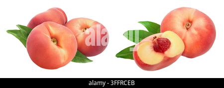 Ripe chinese flat peach fruit with leaf isolated on white background with full depth of field Stock Photo